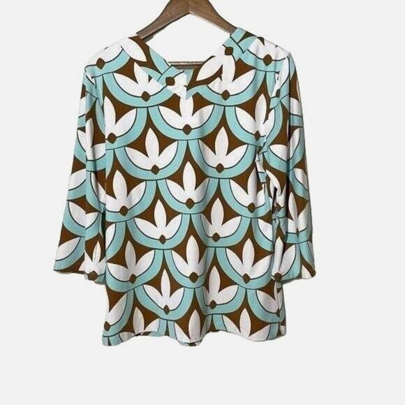 Geometric Print Shirt Blue Brown White | 3/4 Sleeve Boho Chic 5 FOR $25 π΅ π² - Picture 1 of 7